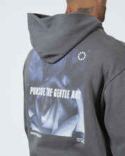 Grey BJJ hoodie back graphic closeup of Pursue The Gentle Art rose photo print and drawstring hood