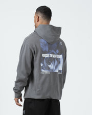 Grey BJJ hoodie back three-quarter view on adult male model displaying Pursue The Gentle Art rose print