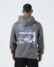 Grey BJJ hoodie back view on adult male model showing centered Pursue The Gentle Art rose photo graphic