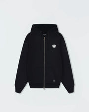 Kingz Kore V2 Zip Up Hoodie - Flat Lay Front - Full Zip and White Crown Chest Logo - Black - BJJ Streetwear Hoodie [color:Black]