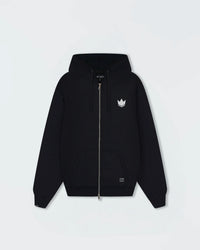 Kingz Kore V2 Zip Up Hoodie - Flat Lay Front - Full Zip and White Crown Chest Logo - Black - BJJ Streetwear Hoodie [color:Black]