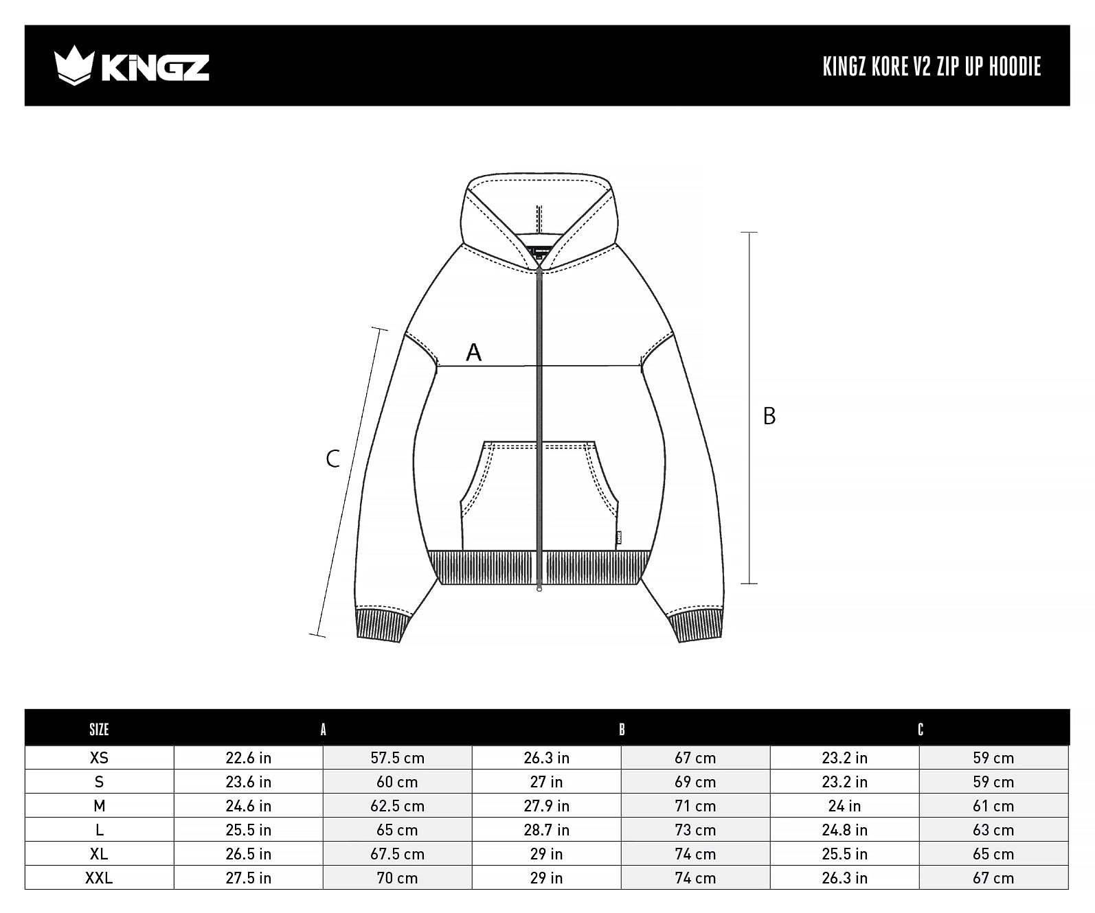 Kingz Kore V2 Men's Zip Up Hoodie size chart