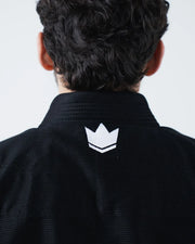 Kingz Kore V2 BJJ Gi Black - Close Up Back Collar Detail Embroidered White Crown Logo 380gsm Micro Pearl Weave Texture