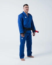 Kingz Kore V2 BJJ Gi Blue - 3/4 Angle View Upper Body Crown Shield Embroidered Patch Detail