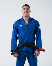 Kingz Kore V2 BJJ Gi Blue - Full Body Front View Male Athlete Wearing Blue Kimono Black Belt 380gsm Micro Pearl Weave