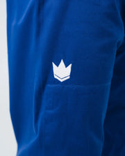 Kingz Kore V2 BJJ Gi Blue - Close Up Pants Thigh Detail Embroidered White Crown Logo Side Pocket 275gsm Cotton