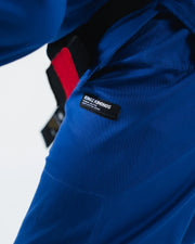 Kingz Kore V2 BJJ Gi Blue - Close Up Pants Side Pocket Crown Logo Detail Angled View Embroidered White Logo