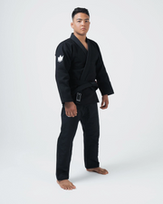 Kingz Balistico 4.0 BJJ Gi Black front view showing black belt white crown patch and woven label