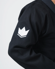 Kingz Balistico 4.0 BJJ Gi Black sleeve closeup showing white crown logo on pearl weave fabric