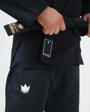 Kingz Balistico 4.0 BJJ Gi Black waist closeup showing IBJJF gold label belt and crown pant logo