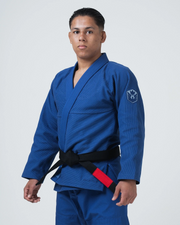 Kingz Balistico 4.0 BJJ Gi Blue - Side Angle View Upper Body Embroidered Crown Patch