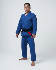 Kingz Balistico 4.0 BJJ Gi Blue full body standing view showing black belt and 8oz ripstop pants fit