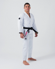 Kingz Balistico 4.0 BJJ Gi White - 3/4 Angle View Athlete Wearing Complete Gi Black Belt