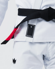 Kingz Balistico 4.0 BJJ Gi White waist view showing tied black belt with red bar and Balistico label
