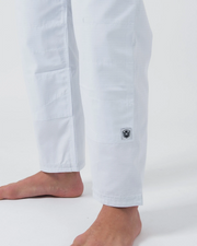 Kingz Balistico 4.0 BJJ Gi White pants closeup showing ripstop lower leg hem and crown ankle shield patch