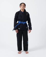 Kingz Nano 3.0 Women's BJJ Gi Black - Full Body Front View Female Athlete Blue Belt NANO Logo Complete Gi Women's Cut