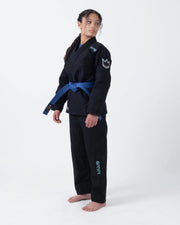 Kingz Nano 3.0 Women's BJJ Gi Black - Full Body Angled Front View Female Athlete Blue Belt Crown Logo NANO Pants Text