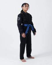 Kingz Nano 3.0 Women's BJJ Gi Black - Full Body Front View Female Athlete Blue Belt Crown Logo Chest Women's Slim Fit