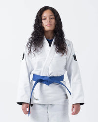 Kingz Nano 3.0 Women's BJJ Gi White - Upper Body Front View Female Athlete Blue Belt Crown Logo 380gsm Pearl Weave IBJJF Approved