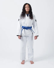 Kingz Nano 3.0 Women's BJJ Gi White - Full Body Front View Female Athlete Blue Belt Crown Logo Complete Gi Women's Cut