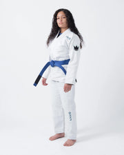 Kingz Nano 3.0 Women's BJJ Gi White - Full Body 3/4 Angled Front View Female Athlete Blue Belt NANO Text Crown Logo