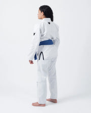 Kingz Nano 3.0 Women's BJJ Gi White - Full Body 3/4 Back View Female Athlete Blue Belt Crown Logo Women's Fitted Silhouette