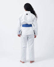 Kingz Nano 3.0 Women's BJJ Gi White - Full Body Back View Female Athlete Blue Belt Crown Logo Upper Back Women's Slim Cut