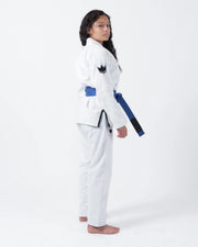 Kingz Nano 3.0 Women's BJJ Gi White - Full Body Side Profile View Female Athlete Blue Belt Crown Logo Women's Fitted Cut
