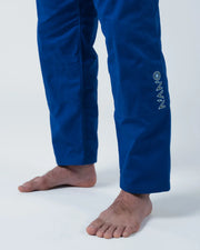Kingz Nano 3.0 BJJ Gi Blue lower leg closeup showing vertical Nano graphic on lightweight pants