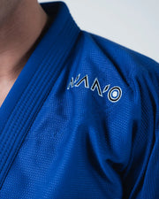 Kingz Nano 3.0 BJJ Gi Blue chest closeup showing white Nano logo embroidery on lightweight weave