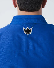 Kingz Nano 3.0 BJJ Gi Blue upper back closeup showing crown logo below collar on lightweight weave