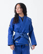 Kingz Nano 3.0 Women's BJJ Gi Blue - Upper Body Front Torso View Female Athlete Blue Belt NANO Text Crown Logo Women's Cut