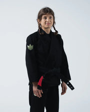 Kingz The ONE V2 Women's Jiu Jitsu Gi Black - Front View Female Athlete Black Gi Gold Crown Badge Left Arm Black Belt Red Tip Durable Fabric BJJ Training Gi [color:Black]