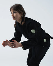Kingz The ONE V2 Women's Jiu Jitsu Gi Black - Action Pose Female Athlete Black Gi Crown Badge Left Arm Embroidered Logo Waist Durable Fabric BJJ Gi Training Martial Arts [color:Black]