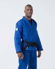 Kingz The ONE V2 BJJ Gi Blue front torso view showing tied black belt and white crown shoulder logo