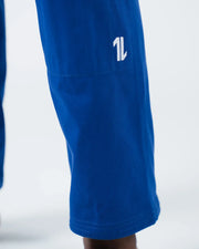 Kingz The ONE V2 BJJ Gi Blue pants leg closeup showing white number one logo on ripstop fabric