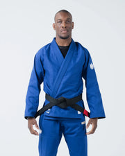 Kingz The ONE V2 BJJ Gi Blue front view showing black belt with red bar and white crown chest logos