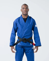 Kingz The ONE V2 BJJ Gi Blue front view showing black belt with red bar and white crown chest logos