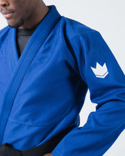 Kingz The ONE V2 BJJ Gi Blue upper body closeup showing lapel collar and white crown shoulder patch