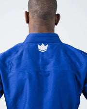 Kingz The ONE V2 BJJ Gi Blue upper back closeup showing white crown logo below rubber collar