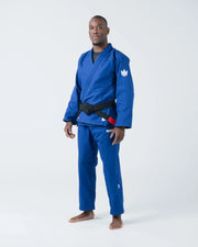 Kingz The ONE V2 BJJ Gi Blue three-quarter full body angle showing gi fit and number one leg logo
