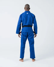 Kingz The ONE V2 BJJ Gi Blue full body back view showing crown logo on upper back and tied belt
