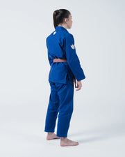 Kingz The ONE V2 Women's Jiu Jitsu Gi Blue - Back View Female Athlete Blue Gi White Crown Logo Shoulders and Back Reinforced Stitching Durable Fabric BJJ Training Gi [color:Blue]