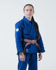 Kingz The ONE V2 Women's Jiu Jitsu Gi Blue - Front View Female Athlete Blue Gi White Crown Shoulder Patch Brown Belt KINGZ Logo Bottom Hem Durable Stitching BJJ Gi Training [color:Blue]