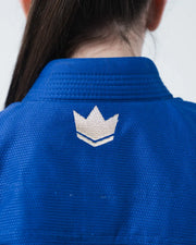 Kingz The ONE V2 Women's Jiu Jitsu Gi Blue - Close-Up Back View White Crown Badge Textured Fabric Blue Collar BJJ Gi [color:Blue]