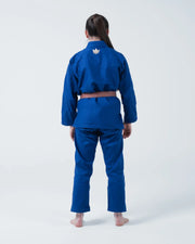 Kingz The ONE V2 Women's Jiu Jitsu Gi Blue - Back View Female Athlete Blue Gi Crown Badge Upper Back Solid Color Durable Fabric BJJ Gi Training [color:Blue]