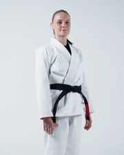 Kingz The ONE V2 Women's Jiu Jitsu Gi White - Front View Female Athlete White Gi Black Belt Crown Logo Sleeve Red Lining Contrast BJJ Training Gi [color:White]