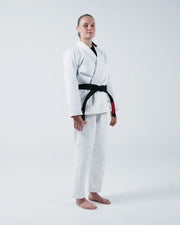 Kingz The ONE V2 Women's Jiu Jitsu Gi - White - Full Body Front View Female Athlete White Gi Black Belt Minimalist Design Durable Fabric BJJ Training Gi [color:White]