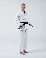 Kingz The ONE V2 Women's Jiu Jitsu Gi White - Full Body Front View Female Athlete White Gi Gold Crown Badge Chest and Pants Black Belt Traditional Fit BJJ Gi Training [color:White]