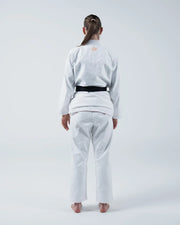 Kingz The ONE V2 Women's Jiu Jitsu Gi - White - Back View Female Athlete White Gi Black Belt Crown Logo Upper Back Durable Fabric BJJ Training Gi [color:White]